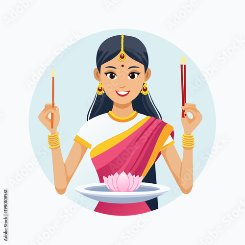 Smiling woman in traditional attire holding candles and a lotus flower on a plate.