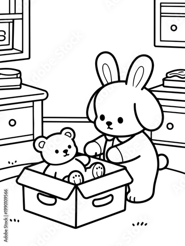 Cute Friend Discovery: In a cozy room, an adorable bunny-dog character and a charming teddy bear share a heart-warming moment, nestled together amidst a box and dresser.