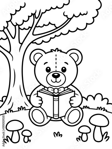 Teddy Bear's Literary Retreat: In a whimsical illustration, a cuddly teddy bear is absorbed in a good book beneath a tree's shade, creating a tranquil scene of childhood reading and learning.