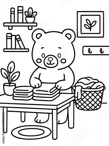 Bear's Laundry Day: A cute cartoon bear meticulously folds clothes, demonstrating domestic life with a touch of whimsy.