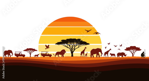 African Safari Animals Silhouette Sunset.