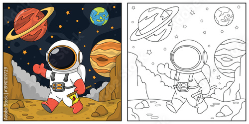 Cute astronaut in space planet around outline vector for children coloring page or book design.