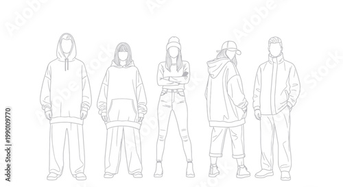 Group of people wearing hoodies standing.