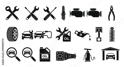 Black icons of car repair tools.