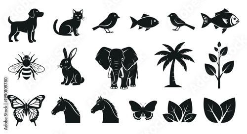 Black silhouettes of various animals and plants.