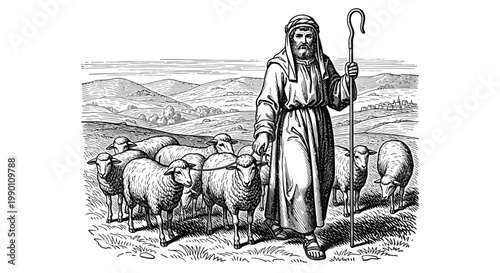 Man with long hair and sheep.
