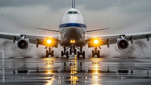 Airplane landing on a wet runway at dusk, front view, lights on