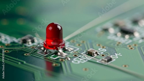 Red LED glowing on a green circuit board, close-up macro shot, technology concept