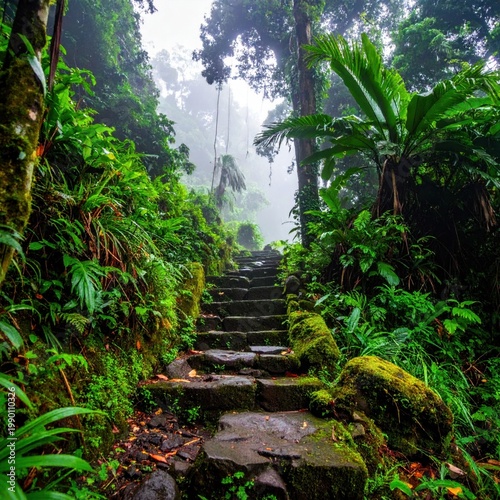 Stone steps pathway winding through misty tropical rainforest jungle, lush green vegetation, travel exploration, adventure hiking, moody nature scenery