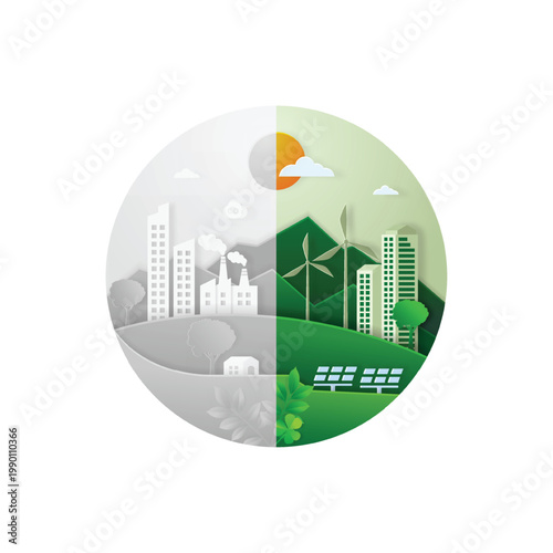Sustainability vs pollution as city power source comparison. Fossil fuel burning with CO2 emissions versus clean, sustainable and green electricity production vector illustration.