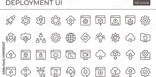 Deployment UI Icon Set Outline Style with DevOps Cloud Integration Automation Monitoring and System Management Tools for Apps