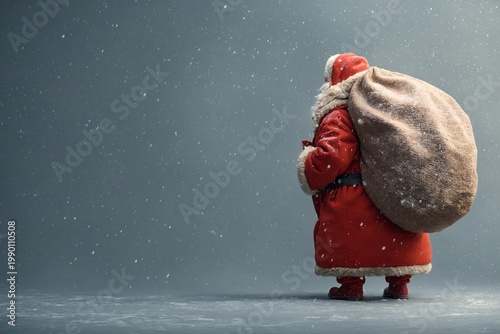 Santa Claus standing in snowstorm with gift sack on winter background