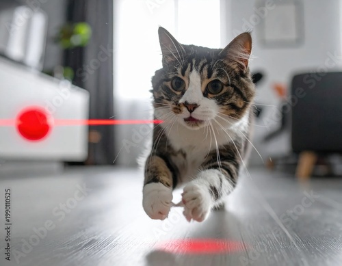 Tabby cat chasing red laser pointer dot on wooden floor, playful feline pet behavior, indoor home lifestyle, hunting instincts, fast motion action