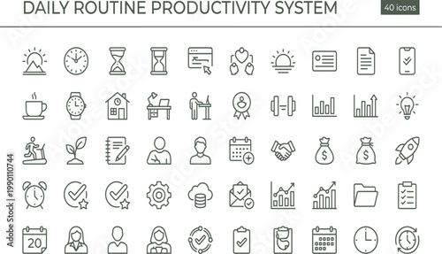 Daily Routine Productivity System Icon Set Outline Style with Habits Tracking Time Management Wellness and Workflow Tools for Apps