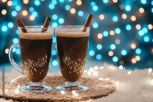 Two glass mugs of hot coffee with cinnamon sticks and festive lights