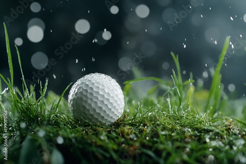 Golf ball on wet grass with rain drops in closeup view