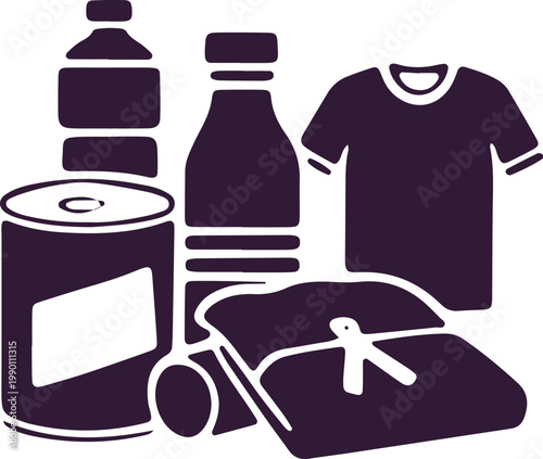 Vector illustration of recyclable items like plastic bottles, aluminum can, and fabric, waste sorting.