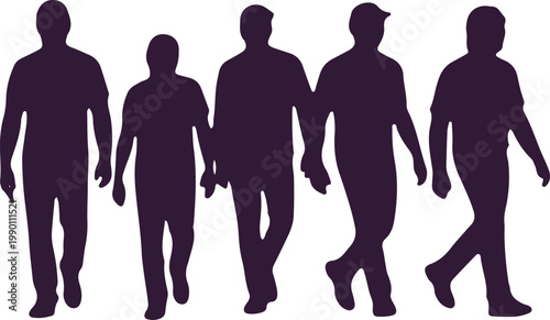 Group of diverse people walking together in silhouette form for different activities and moments.