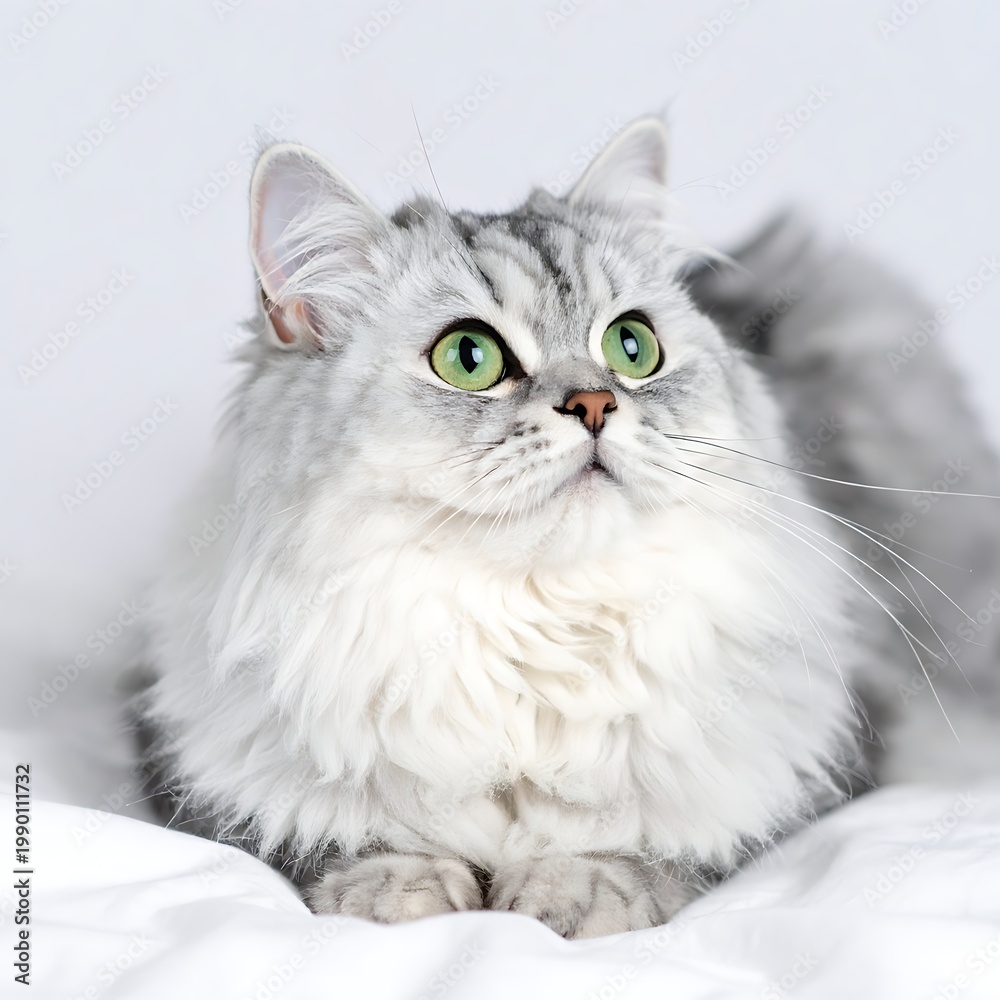 Fototapeta premium A serene cat with striking green eyes lies on white fabric
