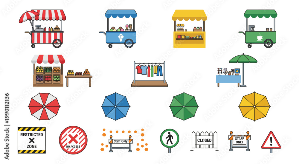 Fototapeta premium Market stalls and umbrellas icon set with different shapes and colors.