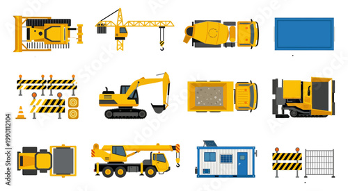 Construction vehicles and machinery set including excavators, cranes, trucks, and heavy equipment.