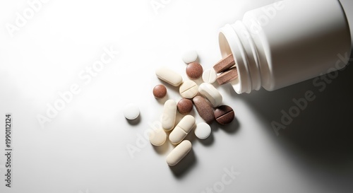 Photorealistic overhead shot of medicine pills poured from a simple white container no label visible minimalistic clinical style clean background organic scatter composition bright soft lighting reali