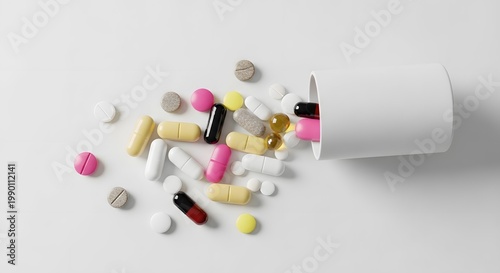 Photorealistic overhead shot of medicine pills poured from a simple white container no label visible minimalistic clinical style clean background organic scatter composition bright soft lighting reali