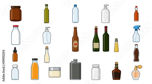 Bottle icons collection including glass containers, jars, and packaging designs.