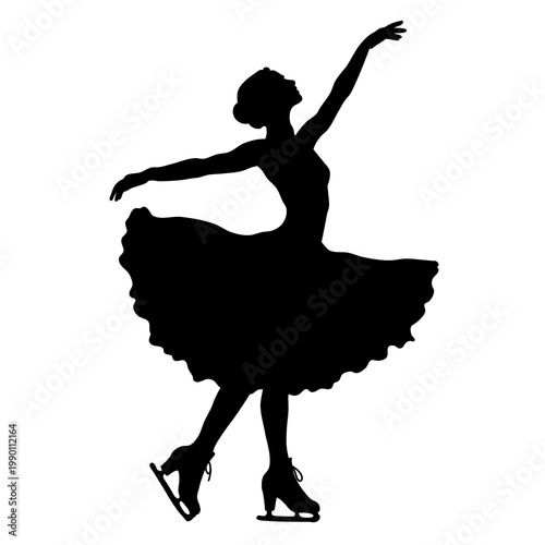 A silhouette of a female figure skater in a graceful pose, with her arms extended and her skirt flowing.