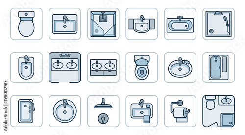 Line-style bathroom fixtures icons including sinks, toilets, bathtubs, and plumbing elements arranged in a grid.