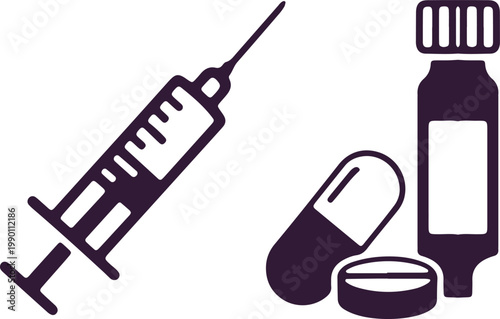 Medical syringe and various pills capsule bottle for treatment and medication administration.