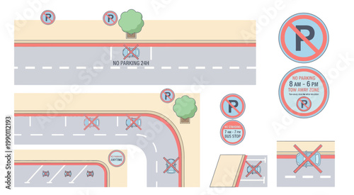 Urban road corner with multiple no-parking and restriction signs placed along sidewalks and curbs.