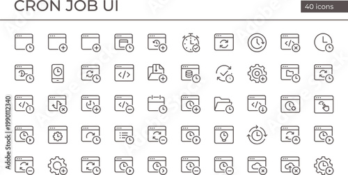 Cron Job UI Outline Icon Set with Task Scheduling Automation Server Monitoring Execution and System Management Tools for Apps