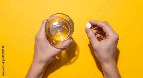 Top view photorealistic composition of hands holding a glass of water and a pill clean minimal layout bright yellow background strong color contrast realistic lighting reflections in glass ultra sharp