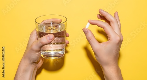 Flat lay photorealistic image of human hands one holding transparent glass water and one holding pill minimal design bright yellow backdrop clean clinical composition realistic reflections high clarit