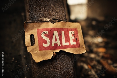 Torn paper tag with sale text on dark background