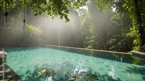 Serene Infinity Pool in Lush Tropical Rainforest with Sunbeams