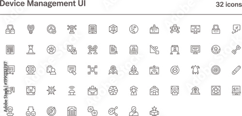 Device management UI icon set in minimal outline style for system control monitoring configuration and digital infrastructure interface design