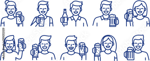 Happy people holding drinks and beer mugs, celebrating with joy and refreshment.