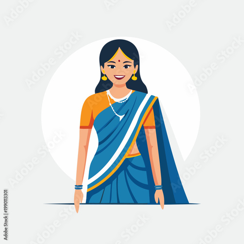 Smiling woman in traditional blue and orange attire with jewelry on a simple background.