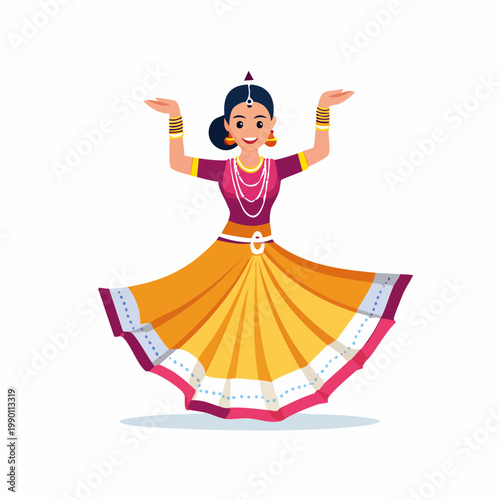 An illustration of a woman performing a traditional dance in colorful attire with jewelry.