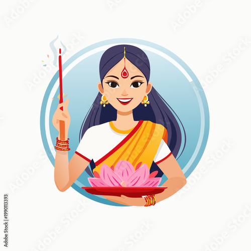 Smiling woman in traditional attire holding an incense stick and a lotus flower on a plate