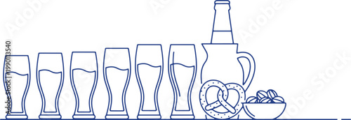 Array of beer glasses pitcher pretzel and olives for festive gathering and refreshment.