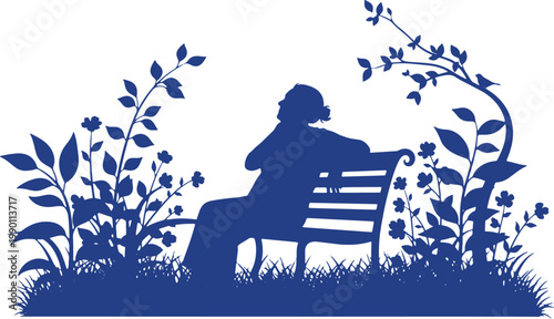 Elderly person sitting on a park bench surrounded by nature silhouette.