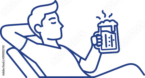 Man relaxing on chair holding beer mug with foam outline drawing.