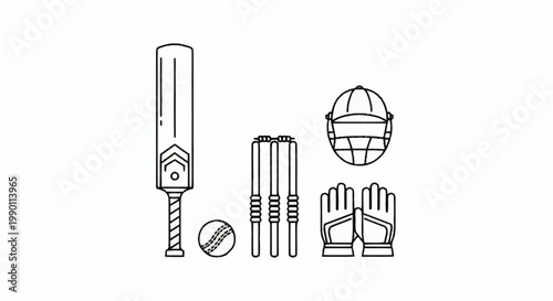 Collection of cricket equipment including bat, ball, wickets, pads, and helmet, outlined on white background