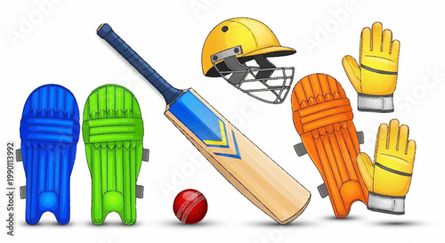 Cricket equipment including bat, ball, wicket keeping pads, helmet, and gloves illustration on white background
