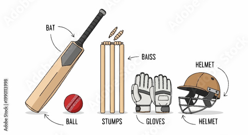 A clear illustration of fundamental cricket equipment, including a bat, ball, stumps, and safety gear, providing a visual guide to the essential items for the popular sports game