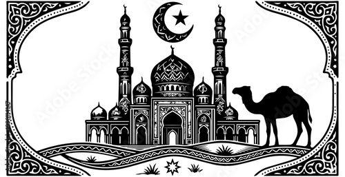 Islamic Ramadan Kareem Background with Mosque, Camel, and Crescent Moon Silhouette in Ornament Border.