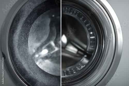 Dirty washing machine glass before and after cleaning close-up